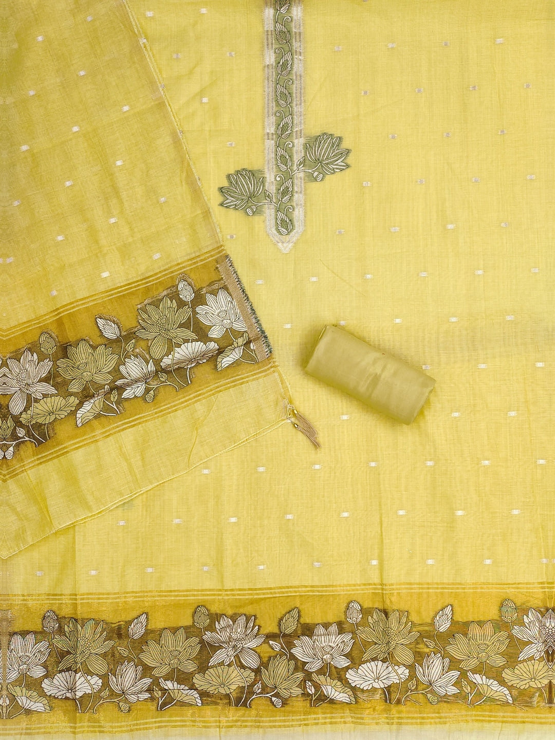 Peachmode Yellow Muga Cotton Unstitched Dress Material With Jamdani Pichwai Weaving - Image 4