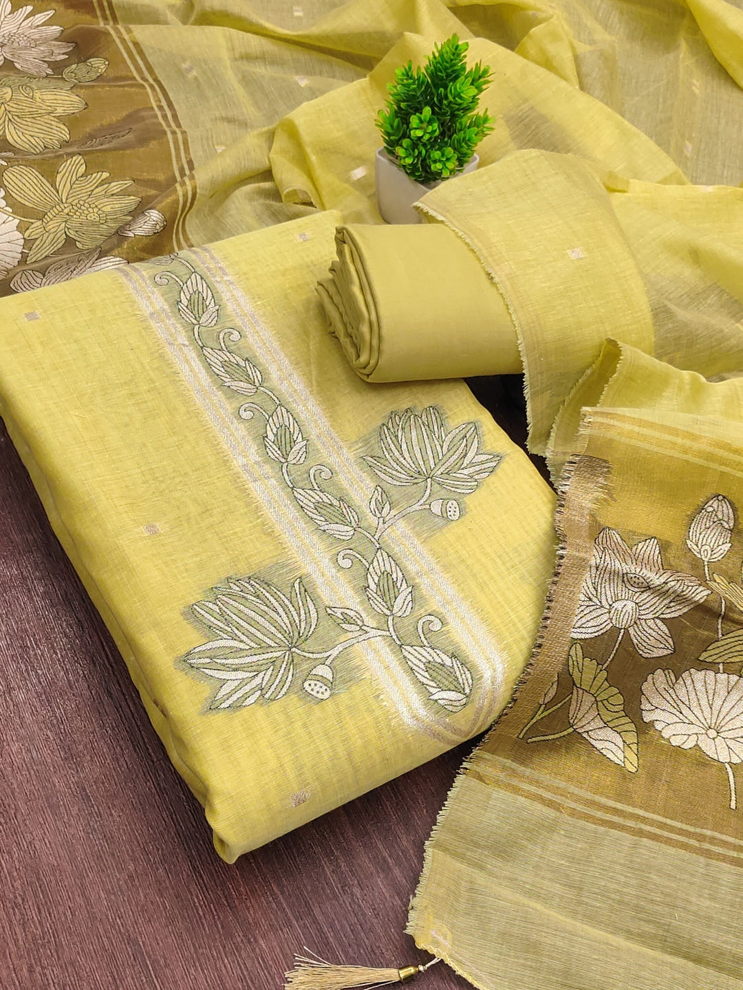 Peachmode Yellow Muga Cotton Unstitched Dress Material With Jamdani Pichwai Weaving - Image 5