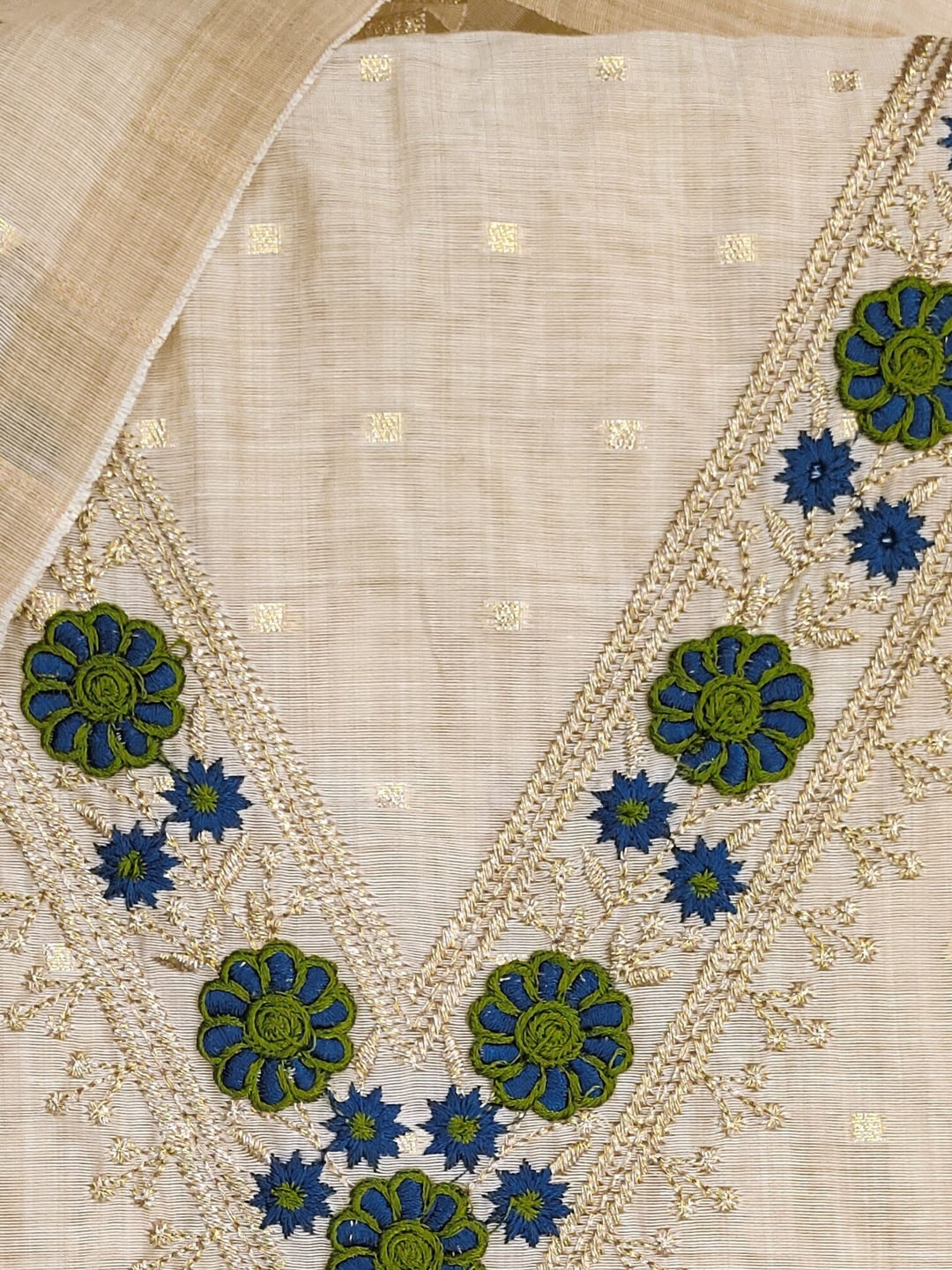 Peachmode Blue Jamdani Cotton Unstitched Dress Material With V-Neck Floral Embroidery - Image 6