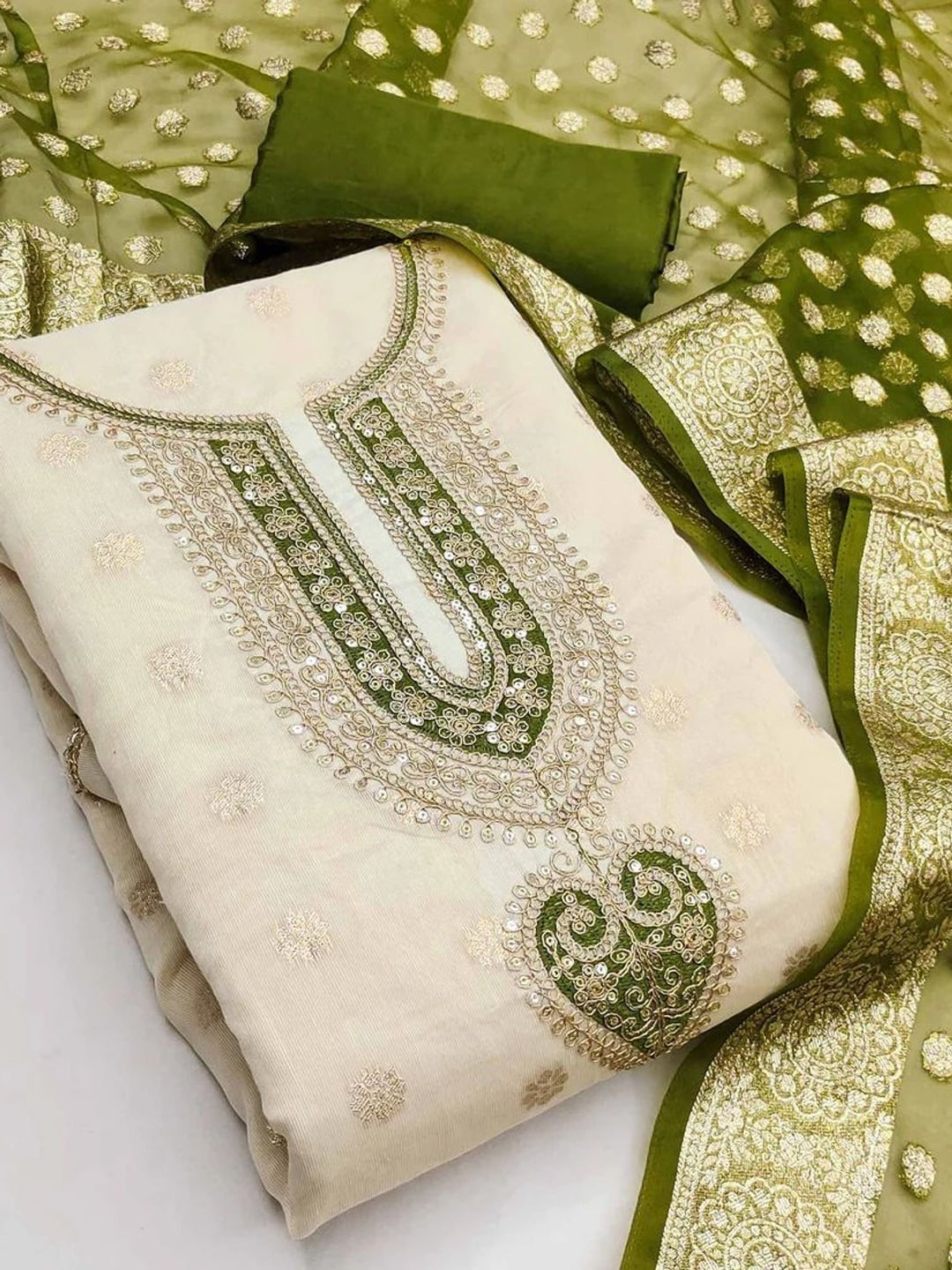 Peachmode Olive Butti Weaving Shimmer Unstitched Dress Material With Cording Embroidery On Neck - Image 1