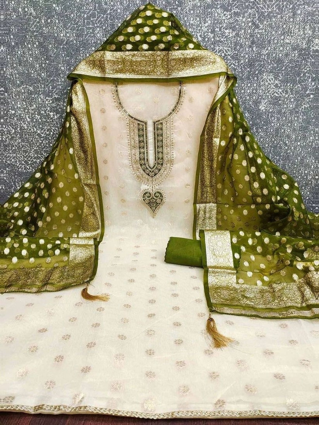 Peachmode Olive Butti Weaving Shimmer Unstitched Dress Material With Cording Embroidery On Neck - Image 4