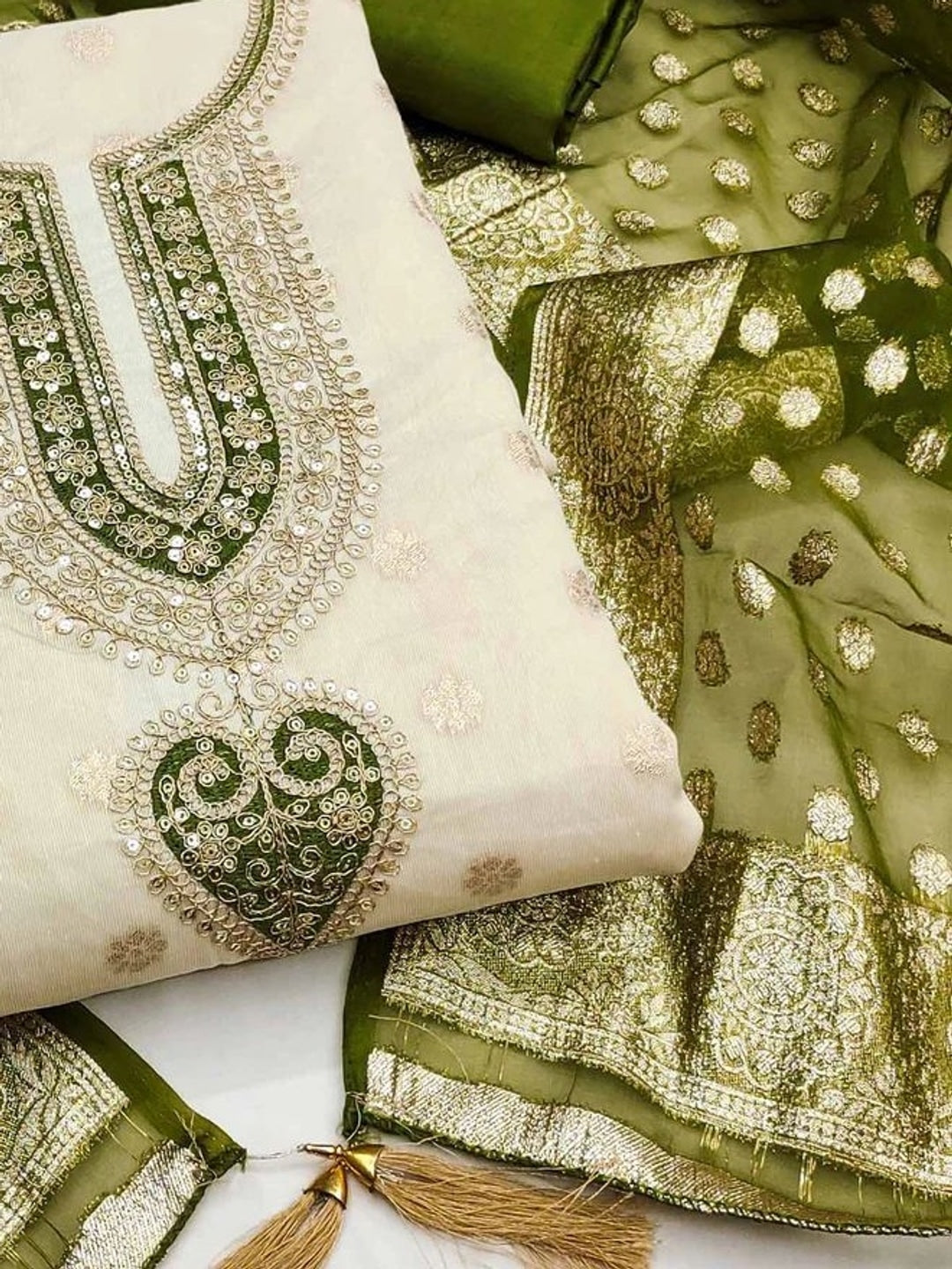 Peachmode Olive Butti Weaving Shimmer Unstitched Dress Material With Cording Embroidery On Neck - Image 5