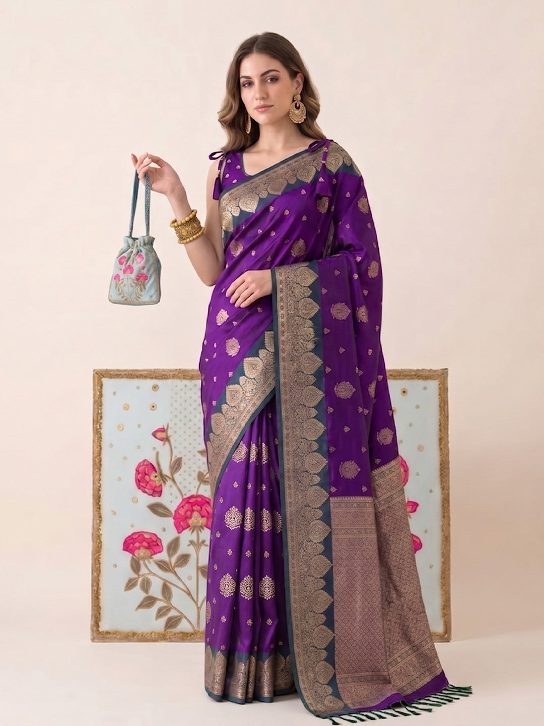 Peachmode Purple Silk Woven Saree - Image 1