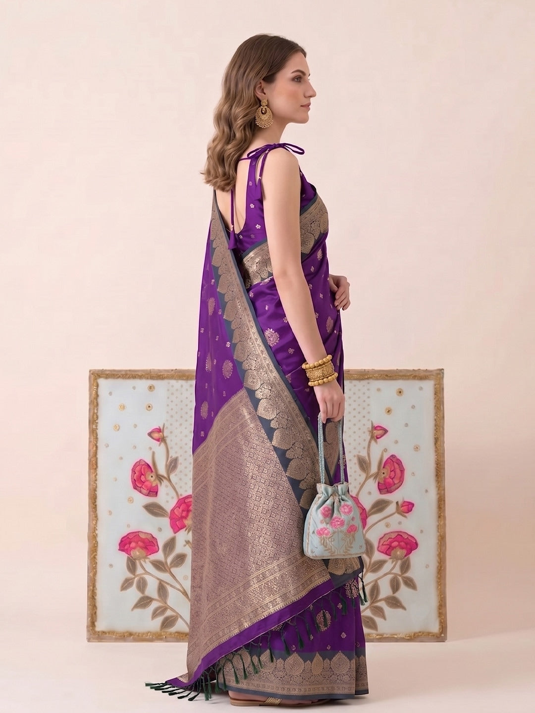 Peachmode Purple Silk Woven Saree - Image 3