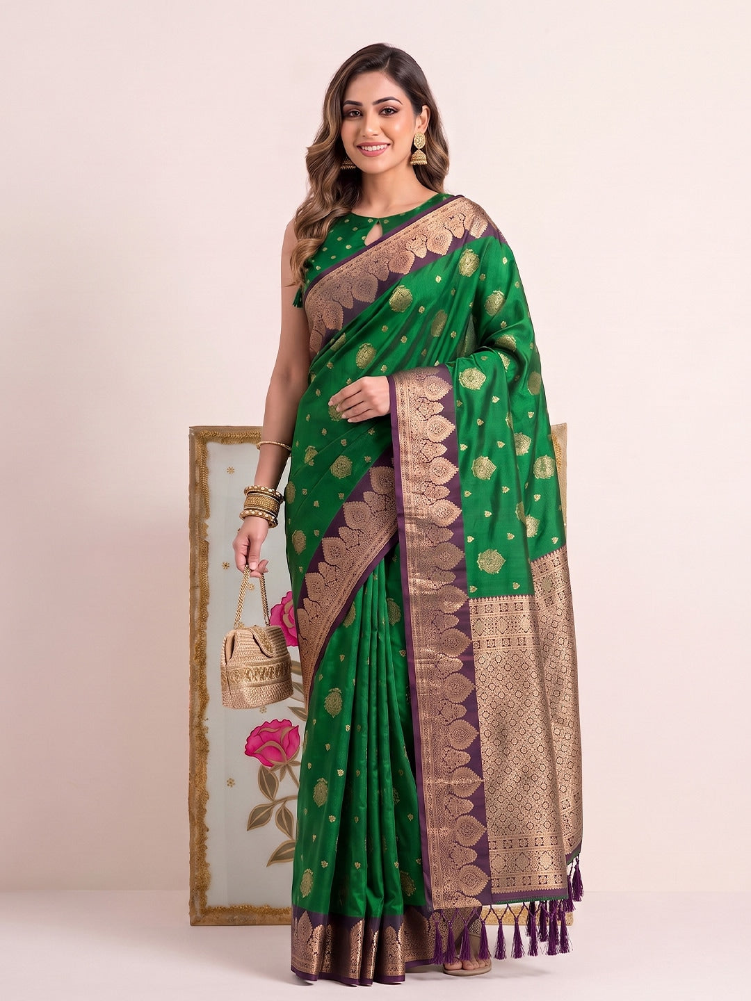 Peachmode Green Silk Woven Saree - Image 1