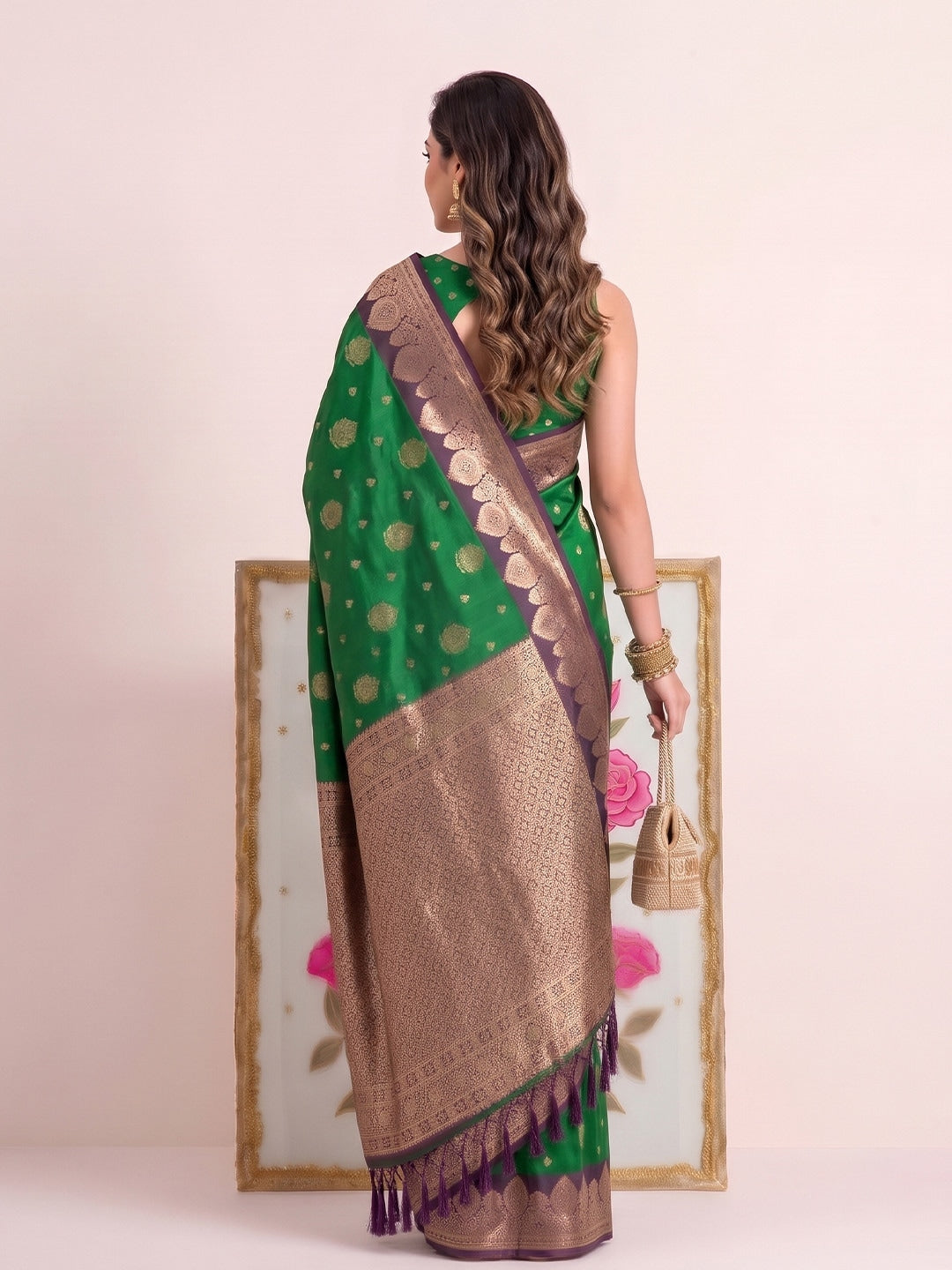 Peachmode Green Silk Woven Saree - Image 2