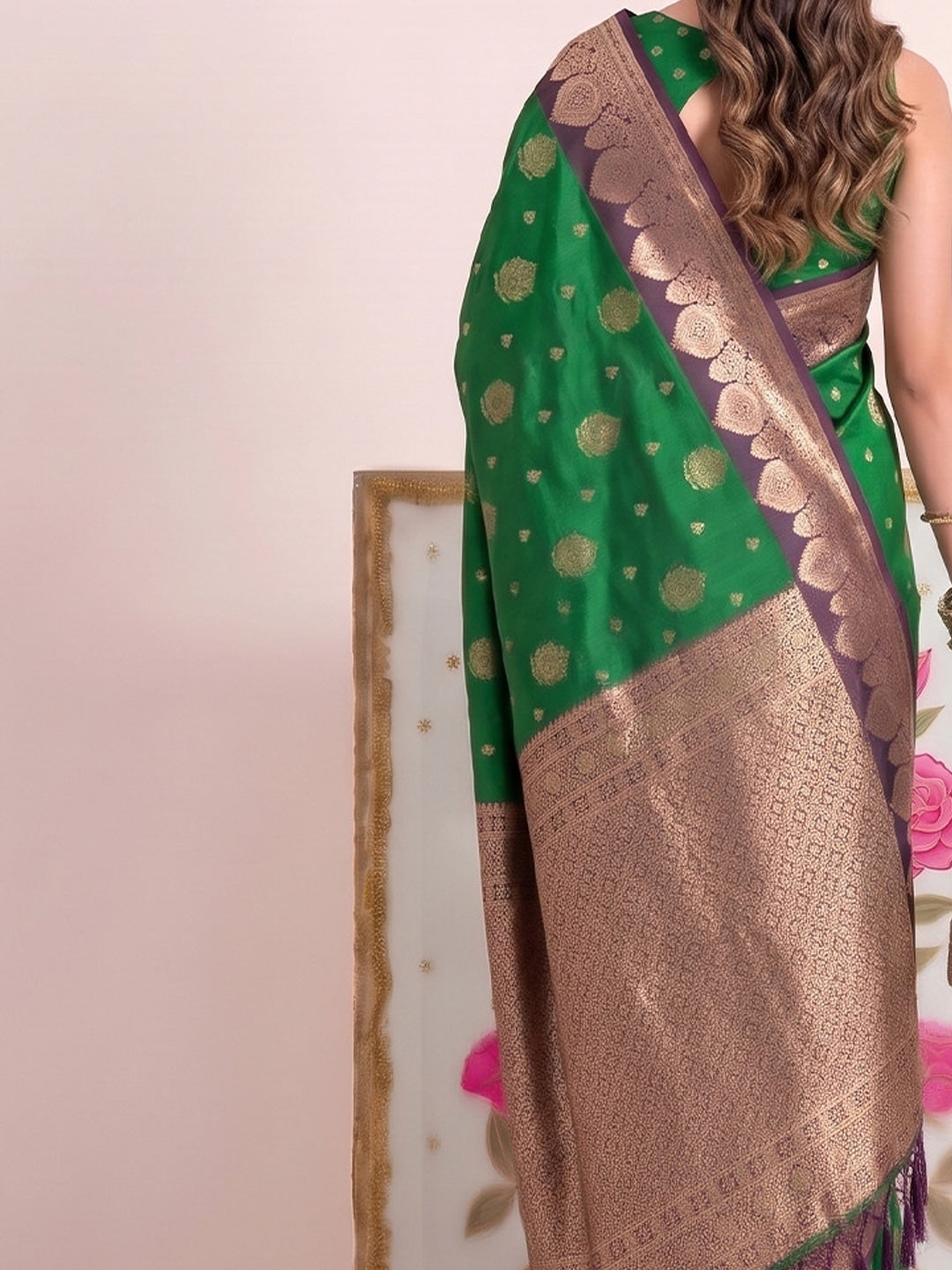 Peachmode Green Silk Woven Saree - Image 5