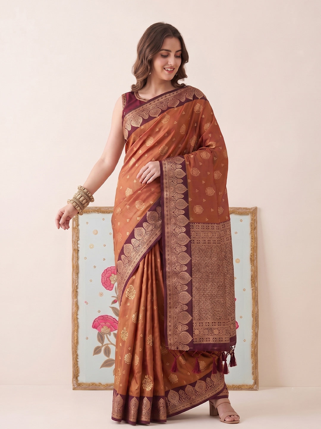 Peachmode Brown Silk Woven Saree - Image 1