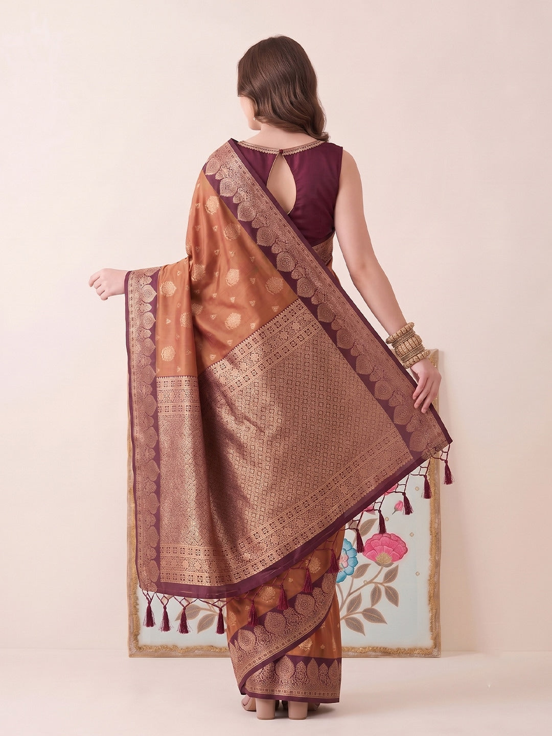 Peachmode Brown Silk Woven Saree - Image 2