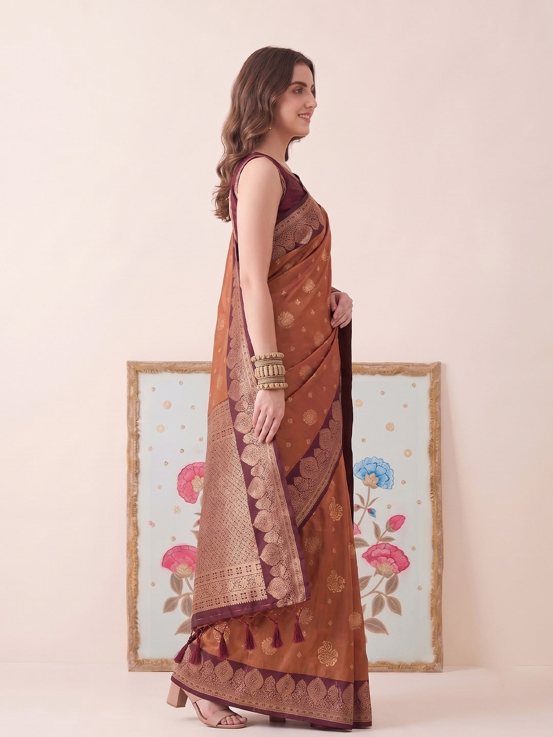 Peachmode Brown Silk Woven Saree - Image 3