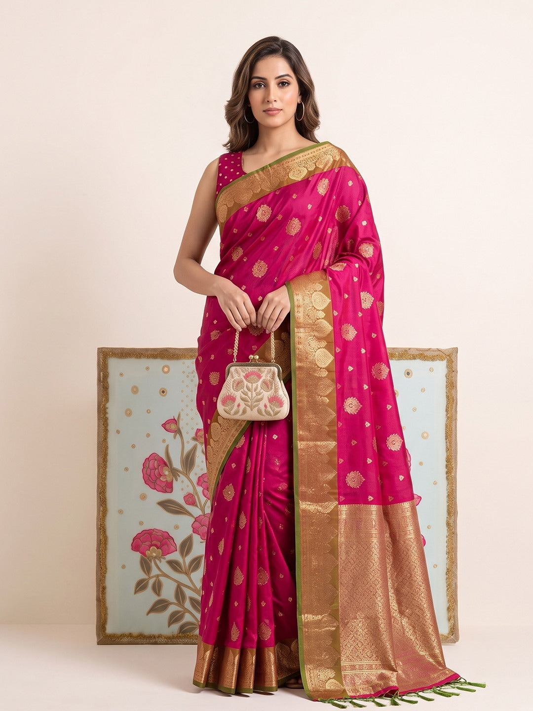 Peachmode Pink Silk Woven Saree - Image 1
