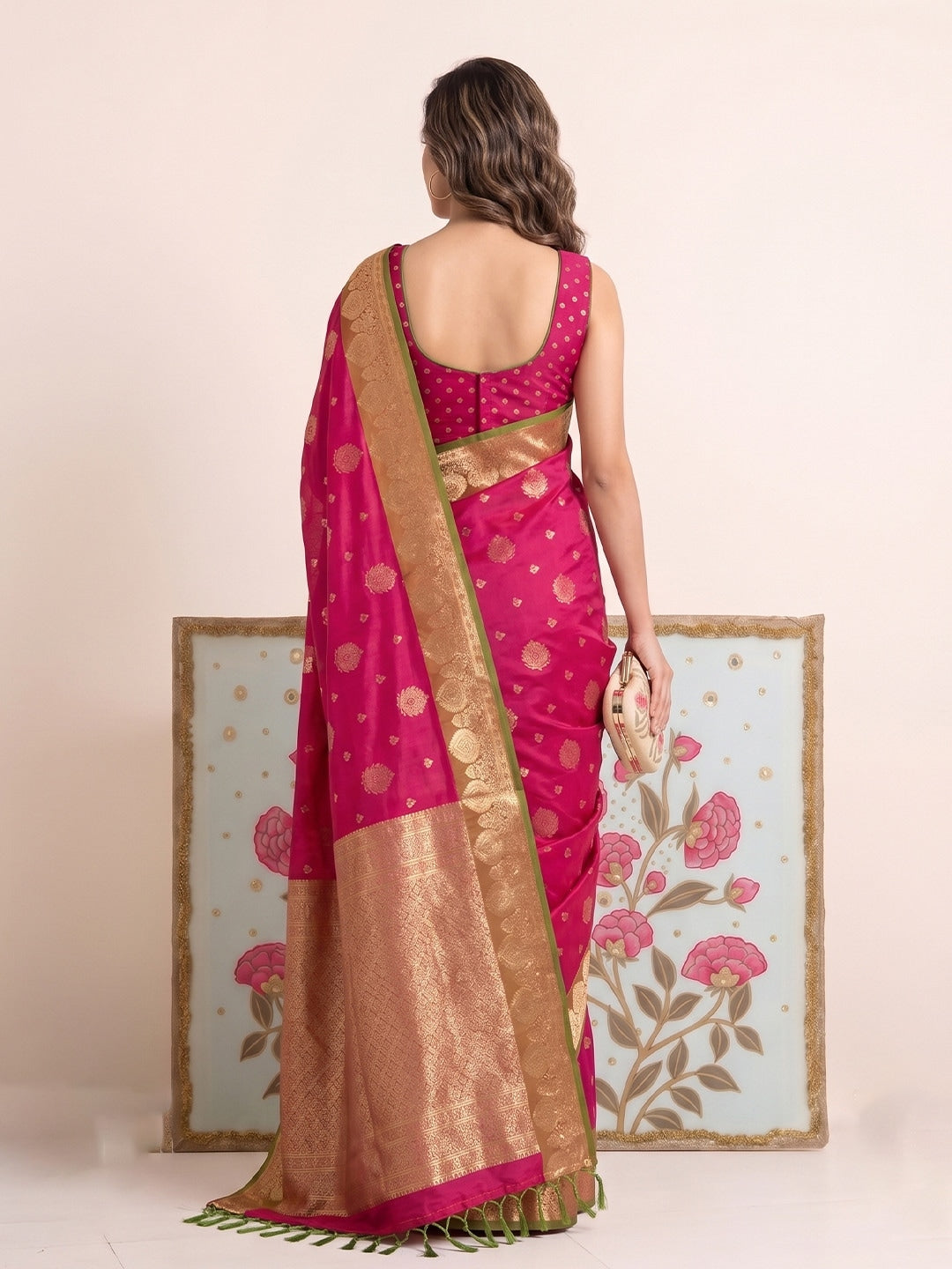 Peachmode Pink Silk Woven Saree - Image 2