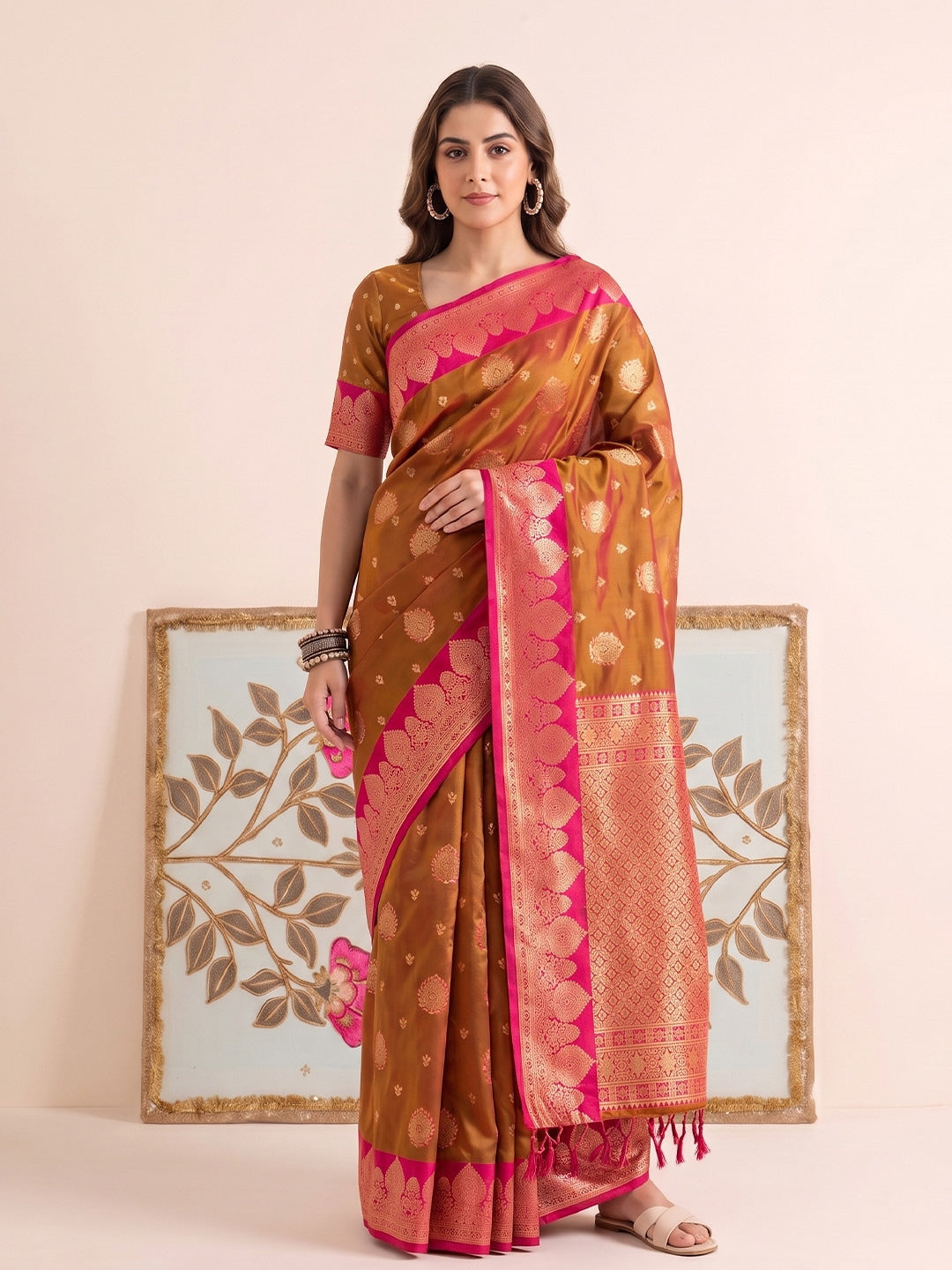 Peachmode Rust Silk Woven Saree - Image 1
