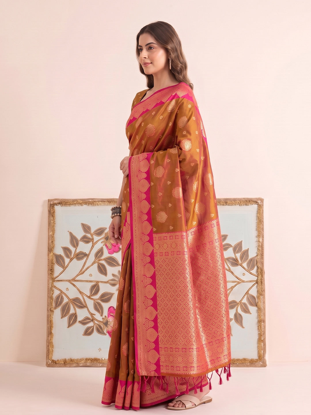Peachmode Rust Silk Woven Saree - Image 2