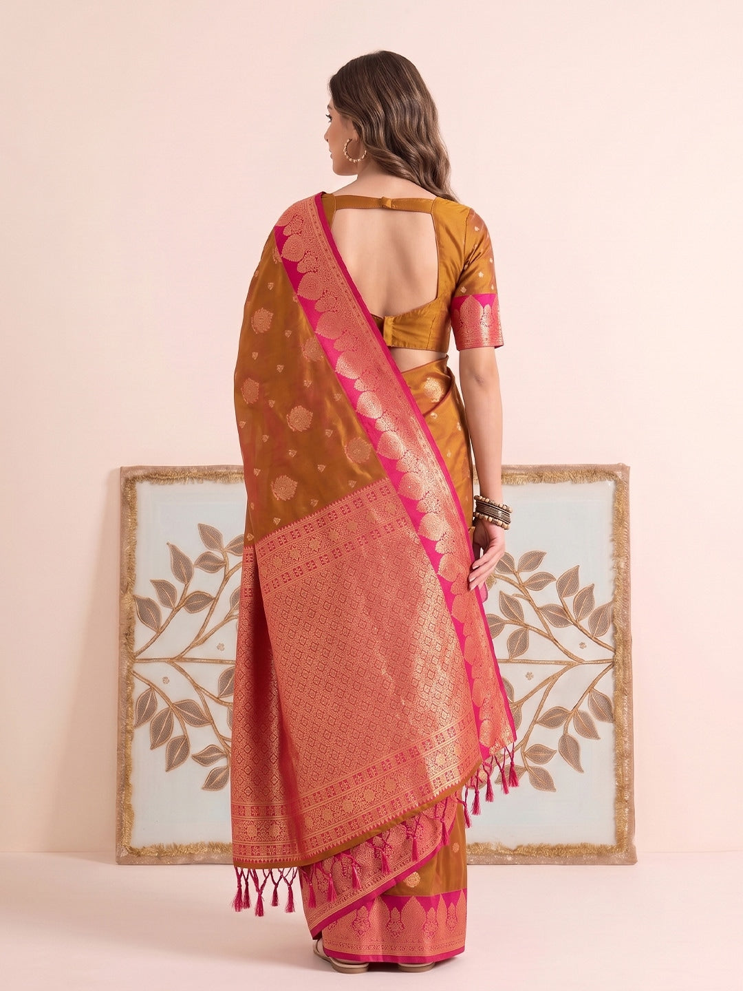 Peachmode Rust Silk Woven Saree - Image 3