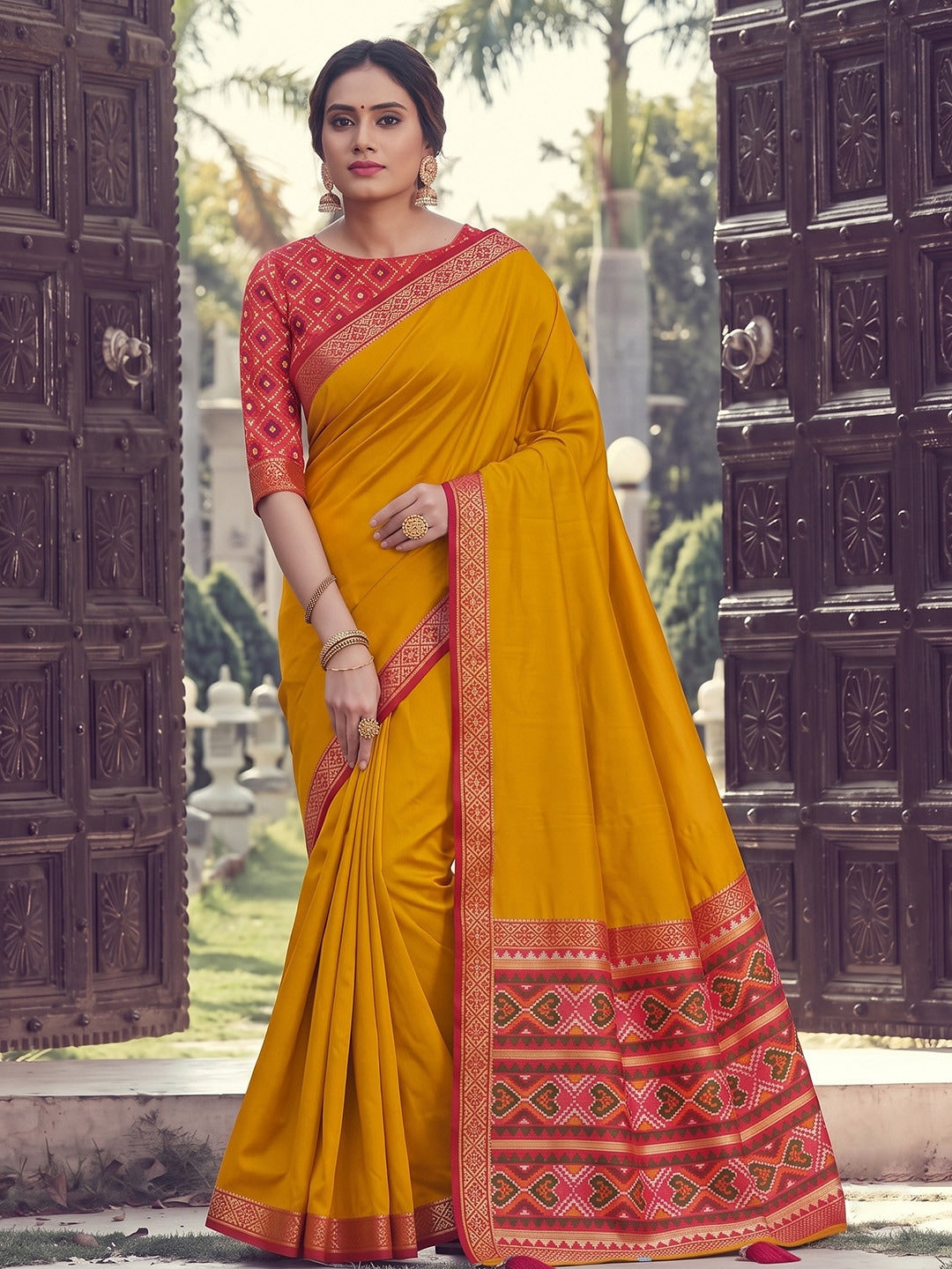 Peachmode Mustard Silk Woven Saree - Image 1