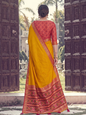 Peachmode Mustard Silk Woven Saree - Image 2