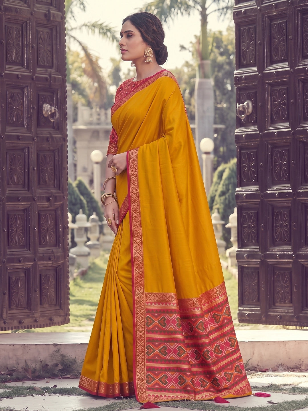 Peachmode Mustard Silk Woven Saree - Image 3