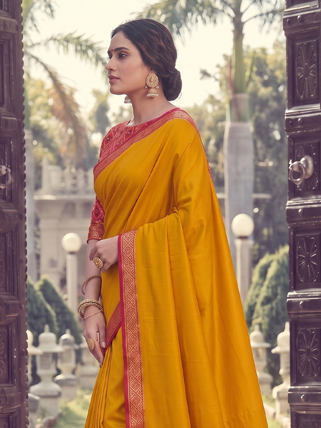 Peachmode Mustard Silk Woven Saree - Image 4