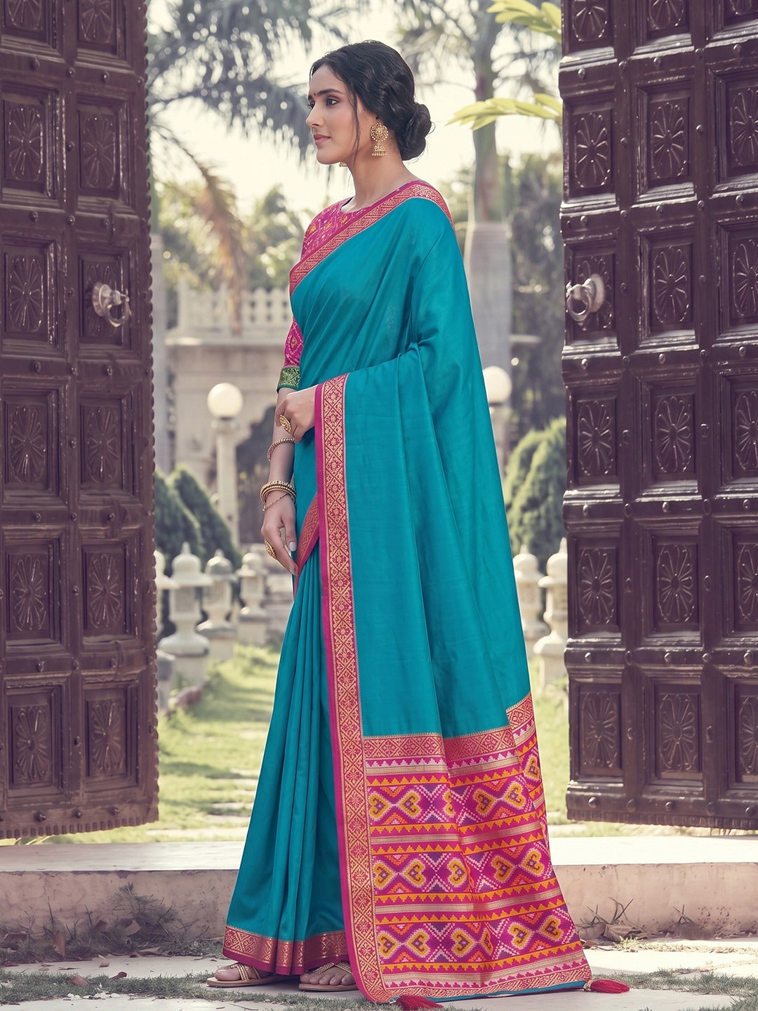 Peachmode Teal Silk Woven Saree - Image 2