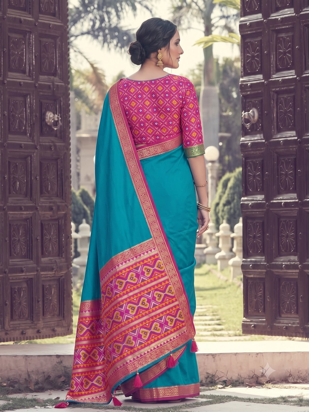 Peachmode Teal Silk Woven Saree - Image 3