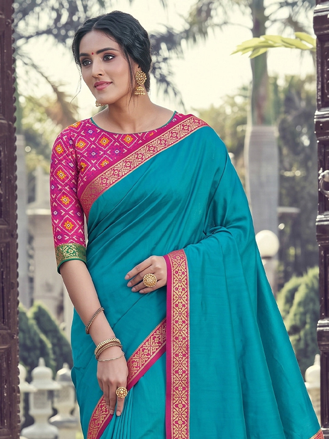 Peachmode Teal Silk Woven Saree - Image 4
