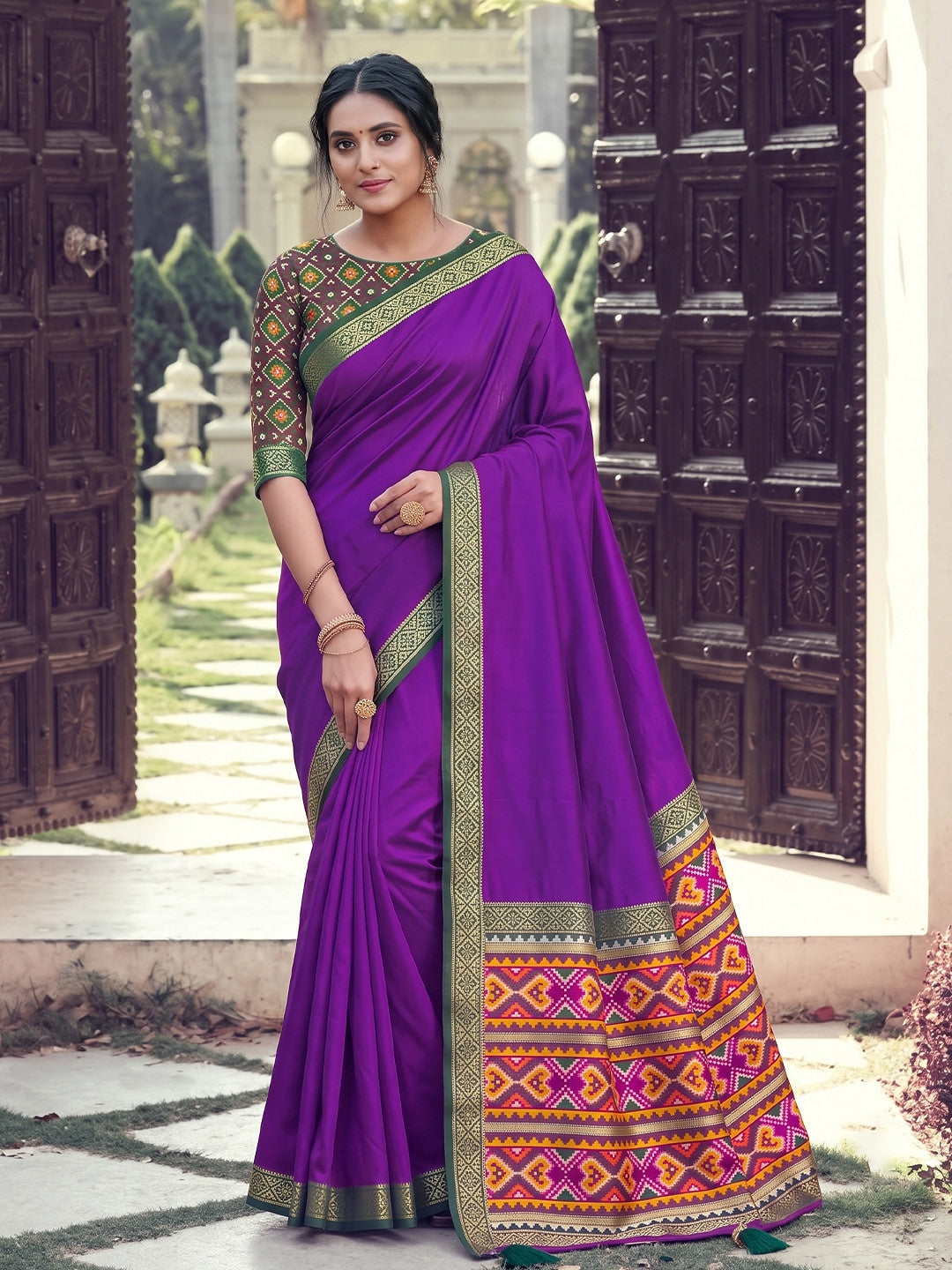 Peachmode Purple Silk Woven Saree - Image 1
