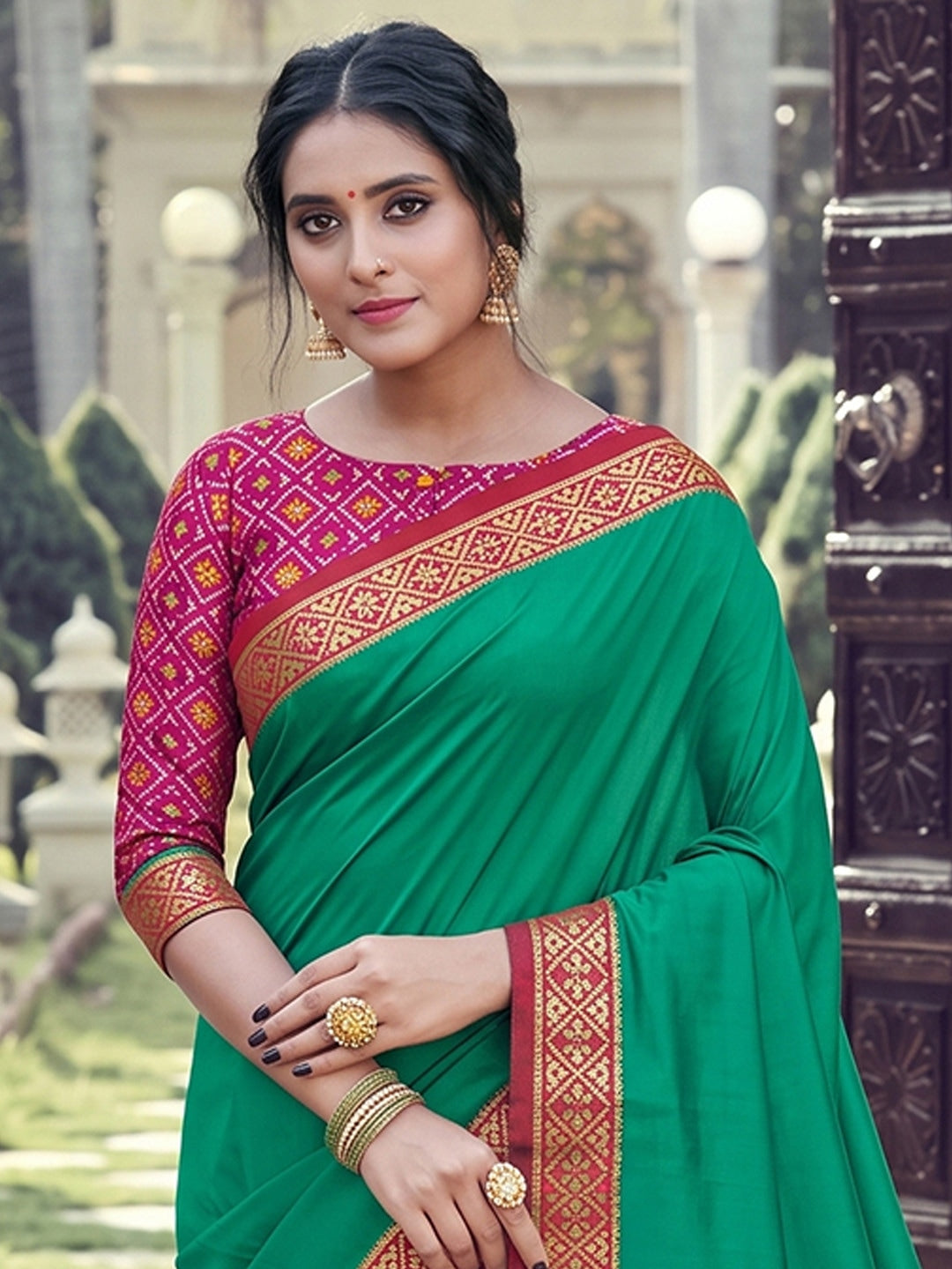 Peachmode Green Silk Woven Saree - Image 4