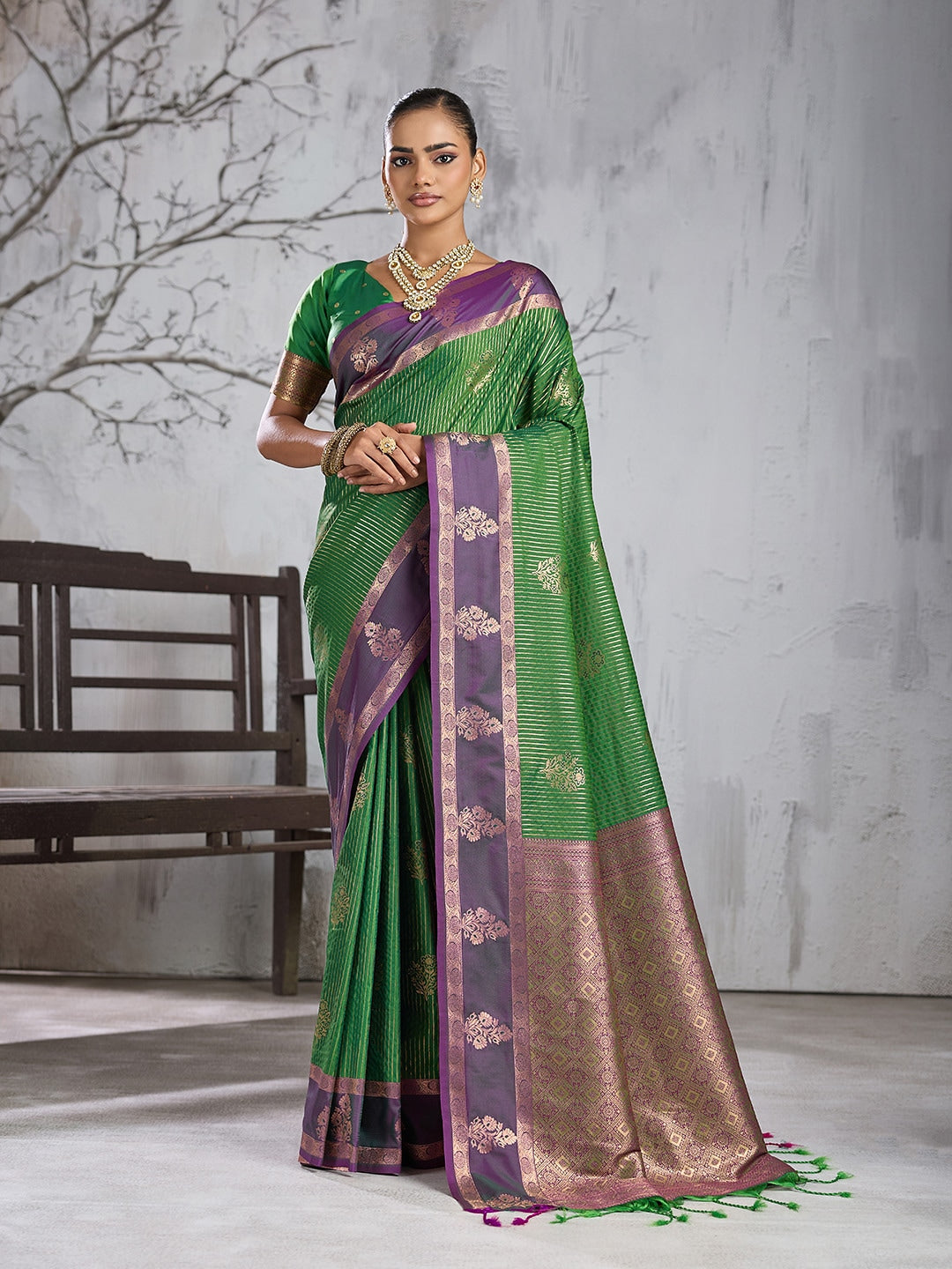 Peachmode Green Silk Woven Saree - Image 1