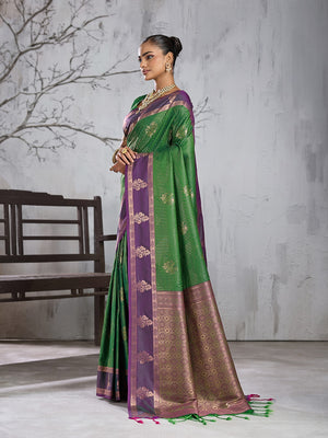 Peachmode Green Silk Woven Saree - Image 2