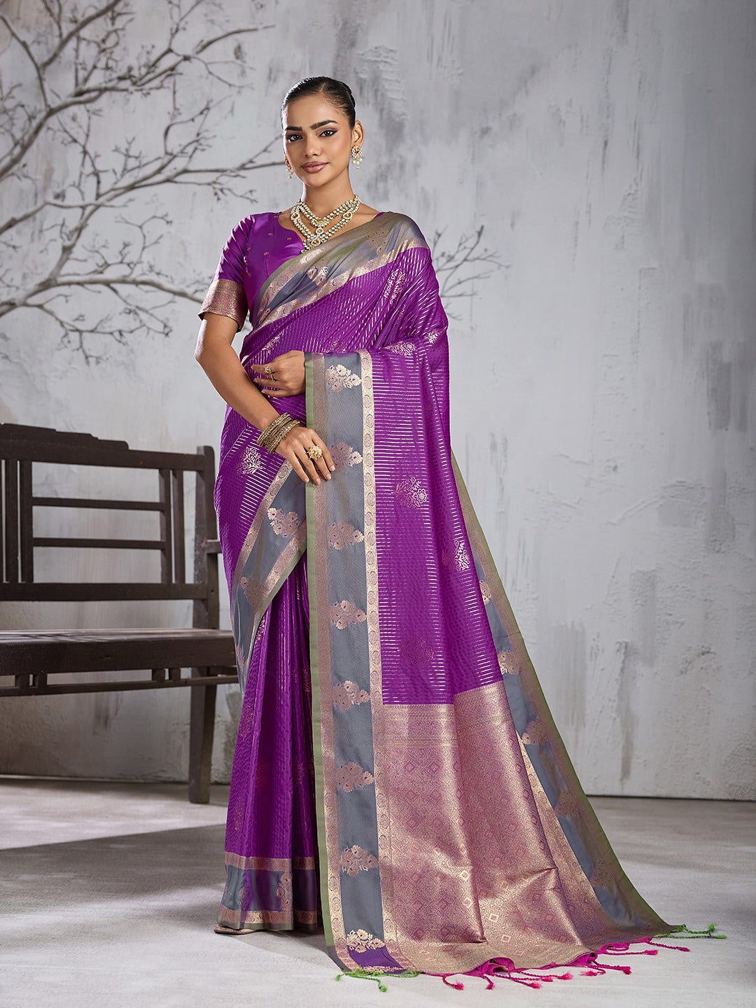 Peachmode Purple Silk Woven Saree - Image 1