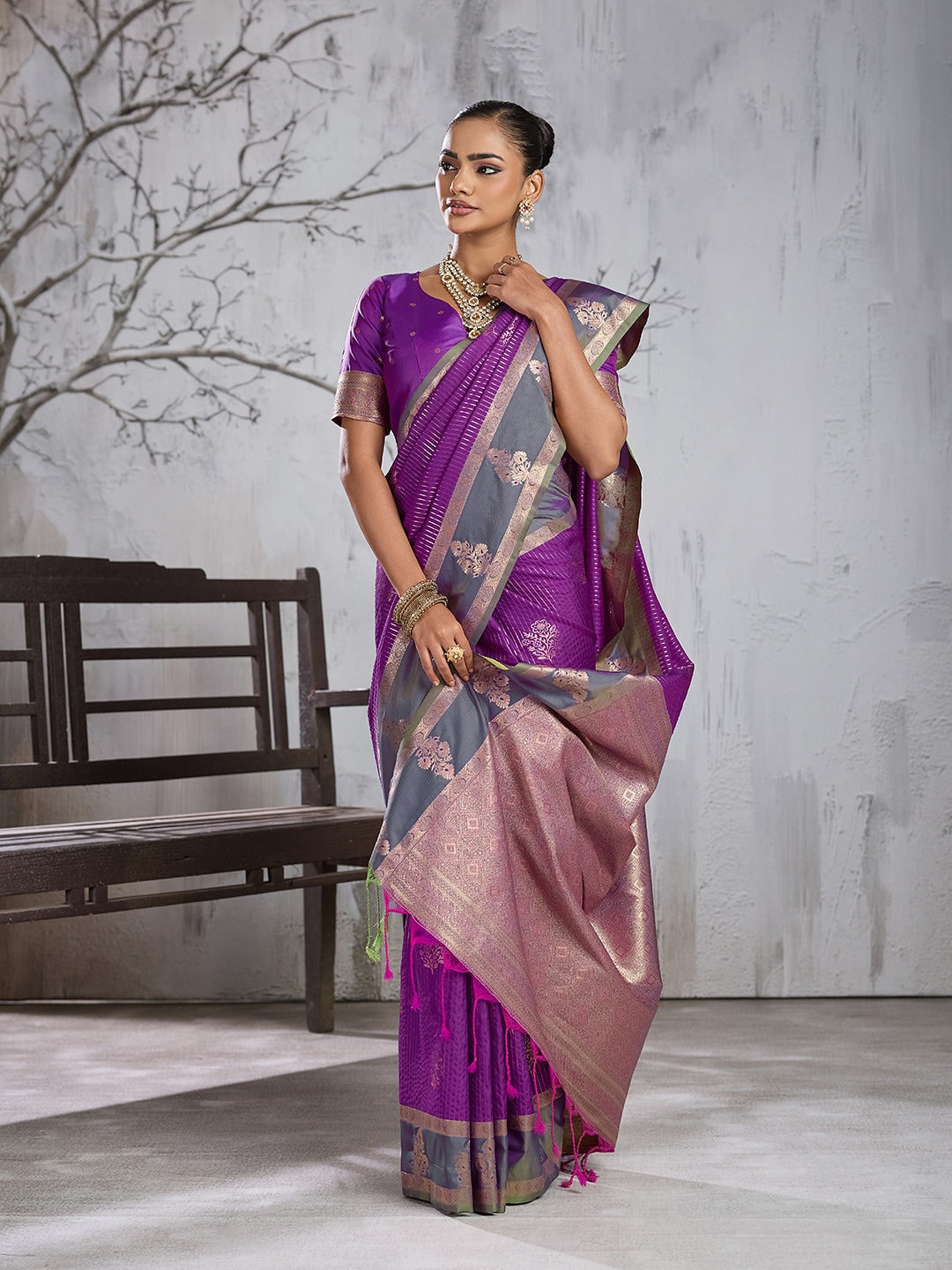 Peachmode Purple Silk Woven Saree - Image 4