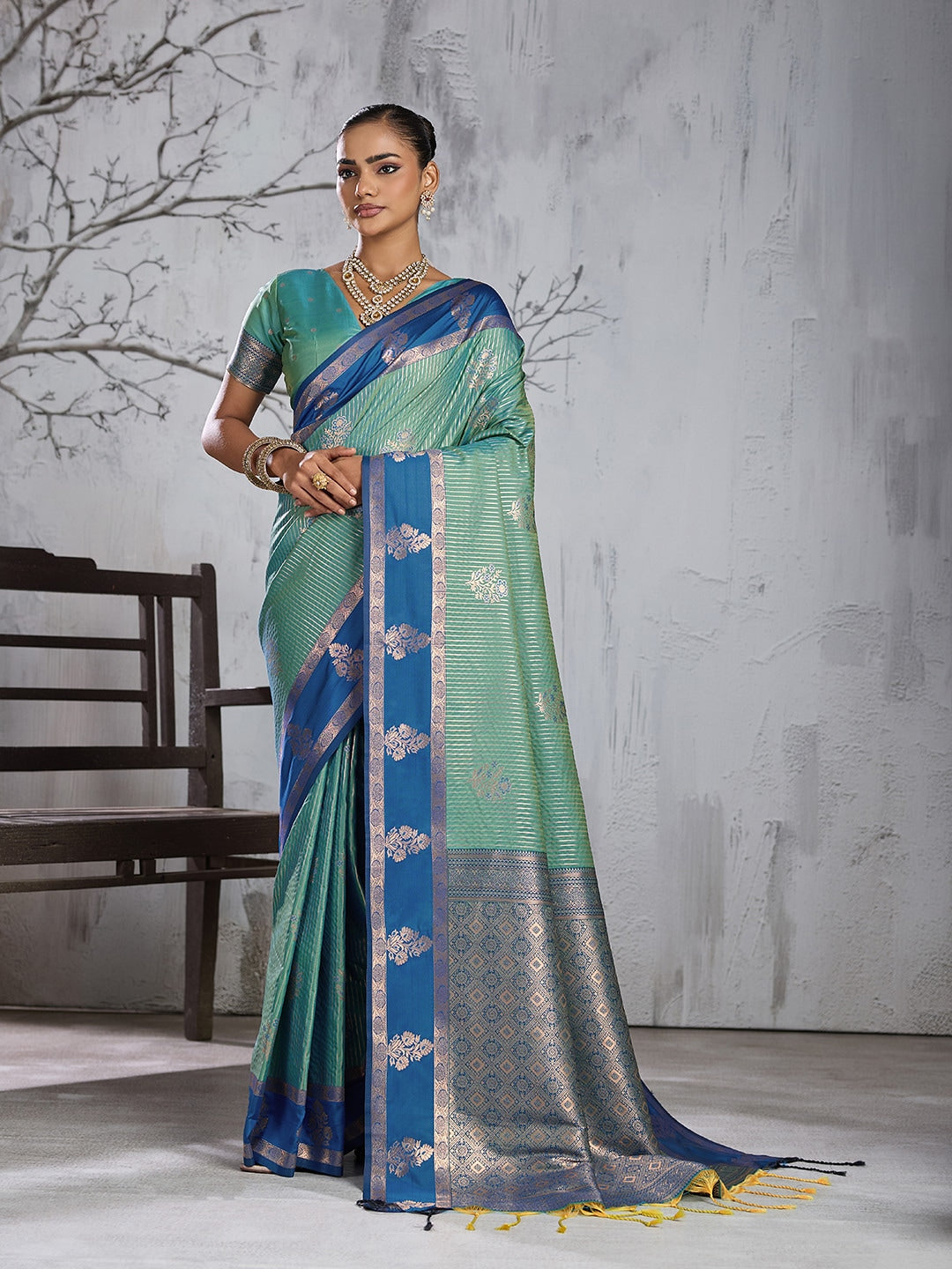 Peachmode Sea Green Silk Woven Saree - Image 1