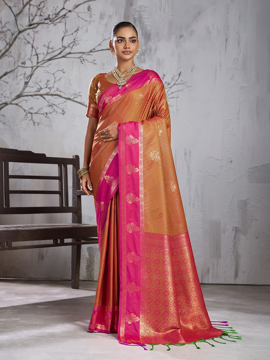 Peachmode Orange Silk Woven Saree - Image 1