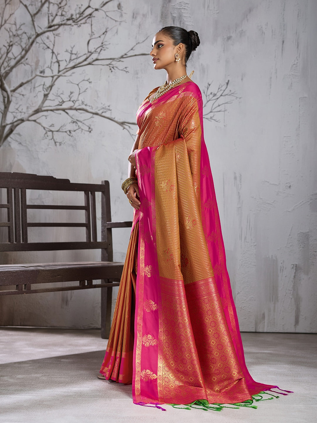 Peachmode Orange Silk Woven Saree - Image 2