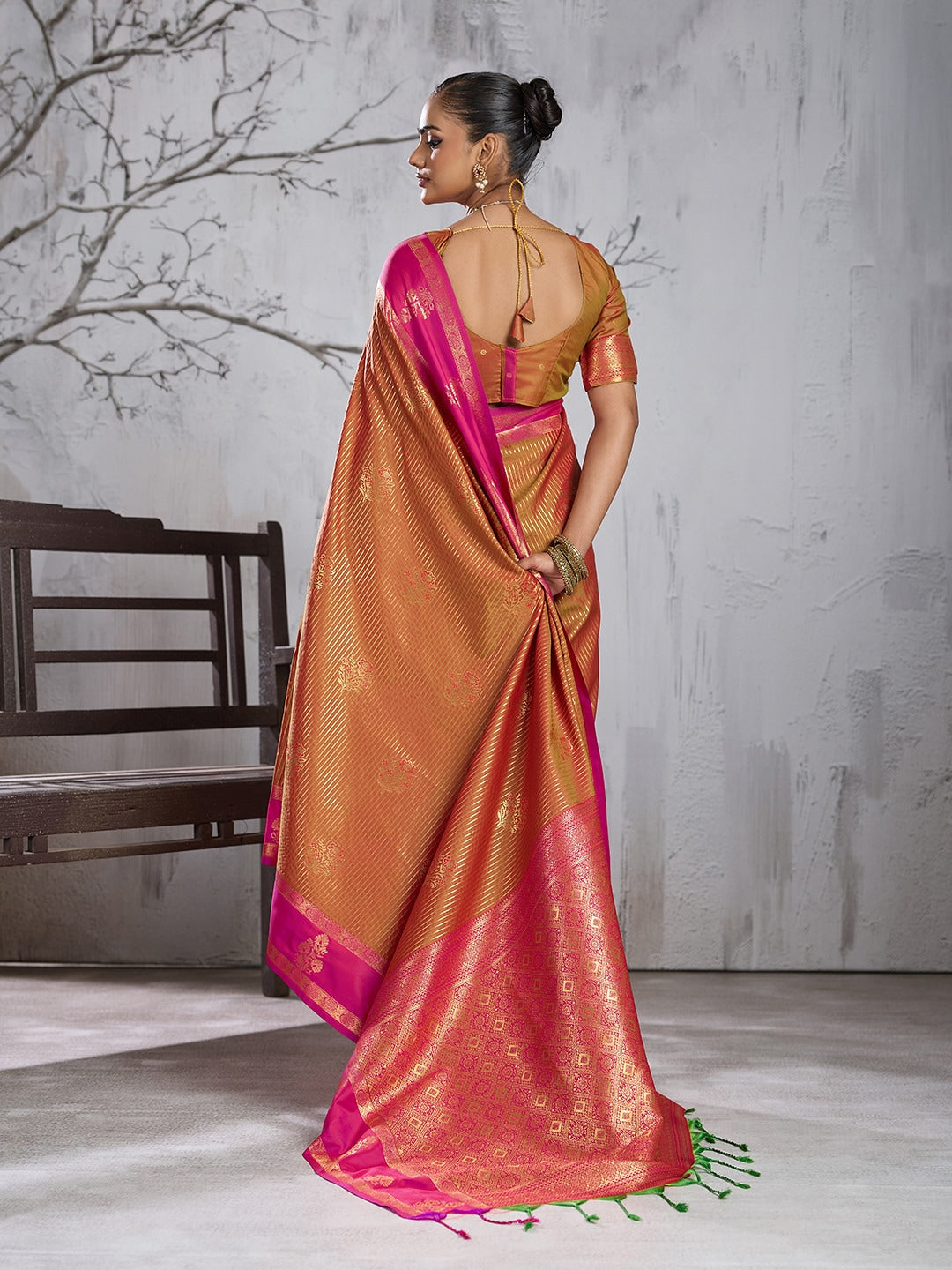 Peachmode Orange Silk Woven Saree - Image 3