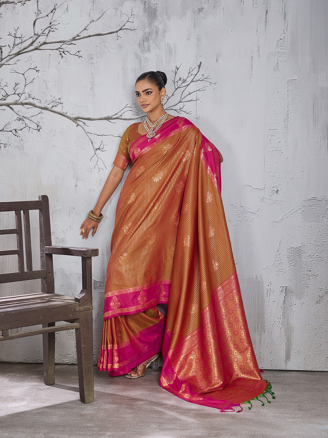 Peachmode Orange Silk Woven Saree - Image 4