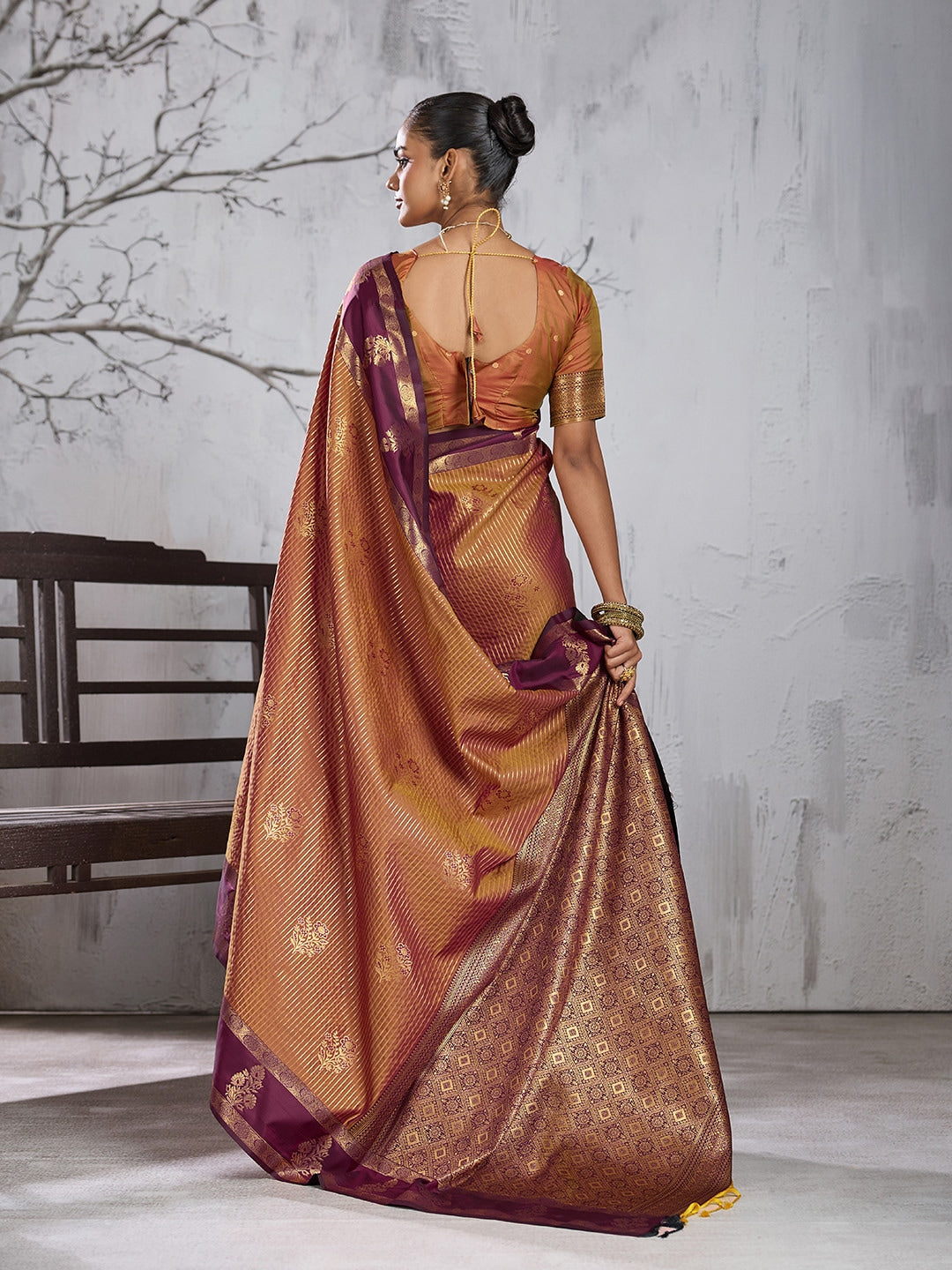 Peachmode Rust Silk Woven Saree - Image 3