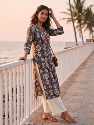 Peachmode Grey Viscose Blend Geometric Printed Kurti - Image 2
