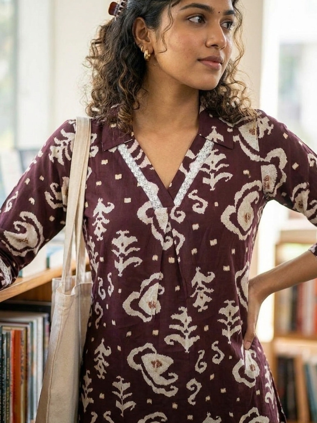 Peachmode Wine Ikat Print Rayon Top - Image 5