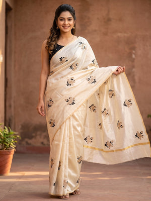 Offwhite Floral Embroidered Silk Saree - Image 1