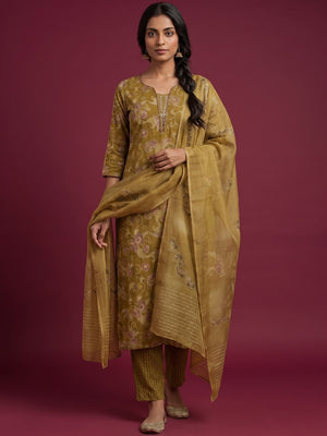 Mustard Rayon Salwar Suit with Artistic Floral Prints and Straight Silhouette - Image 1
