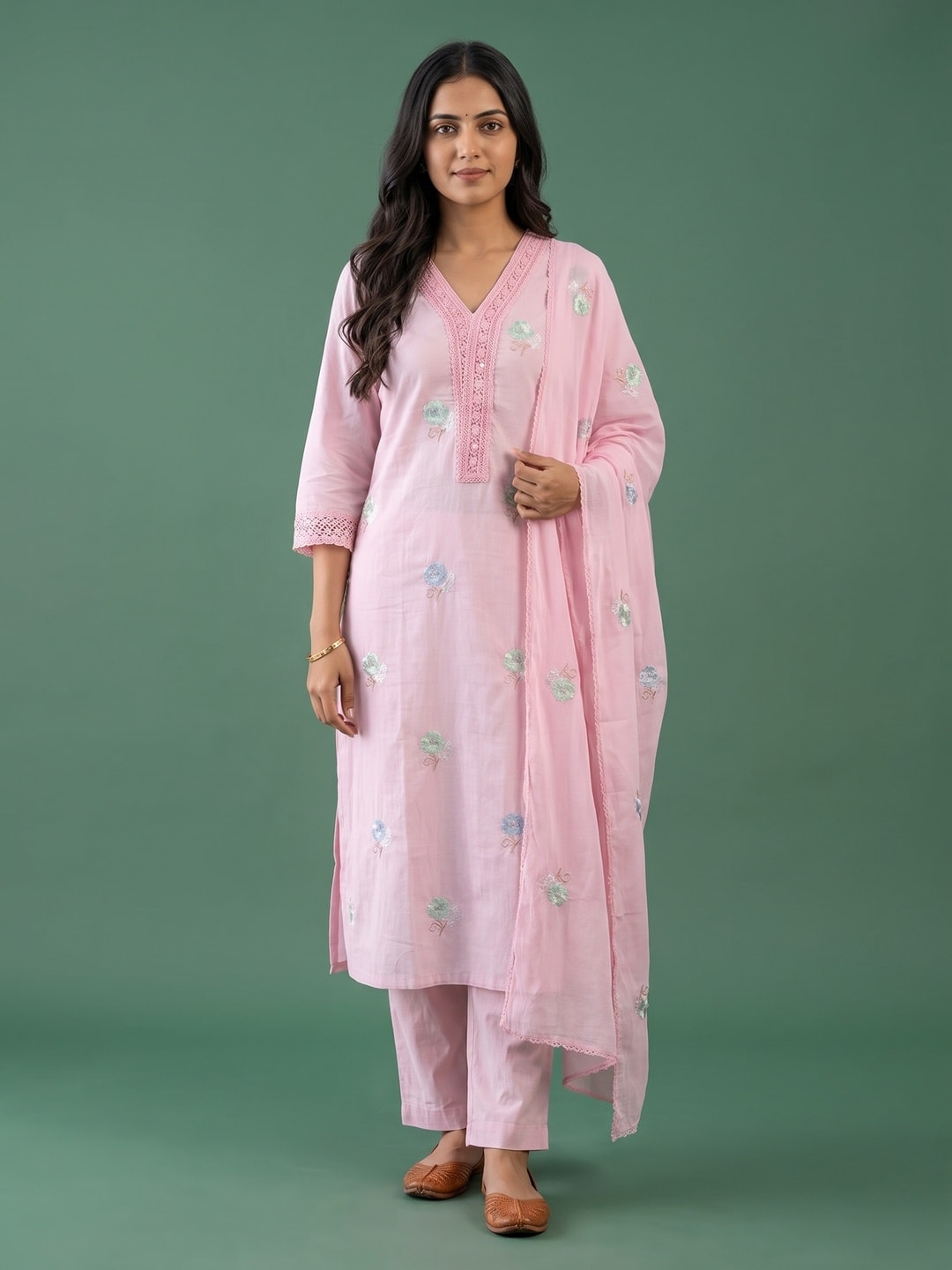 Peachmode Pink Mul Cotton Embroidered Salwar Suit - Image 1