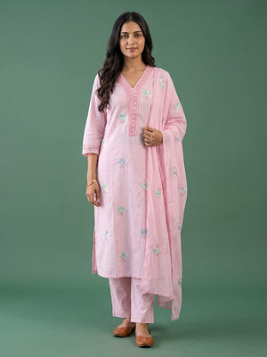 Peachmode Pink Mul Cotton Embroidered Salwar Suit - Image 1