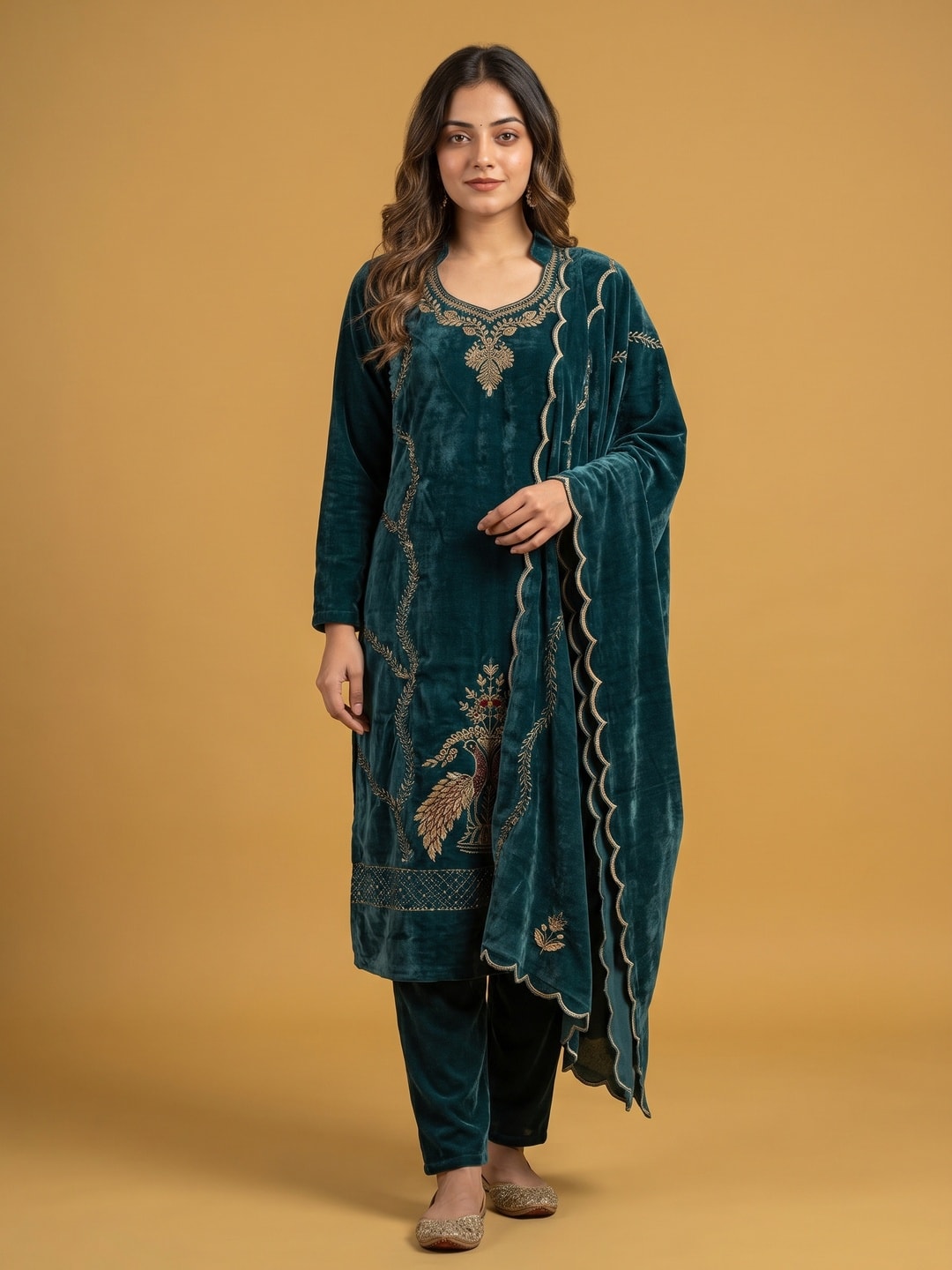 Peachmode Teal Embroidered Velvet Salwar Suit with Dupatta - Image 1