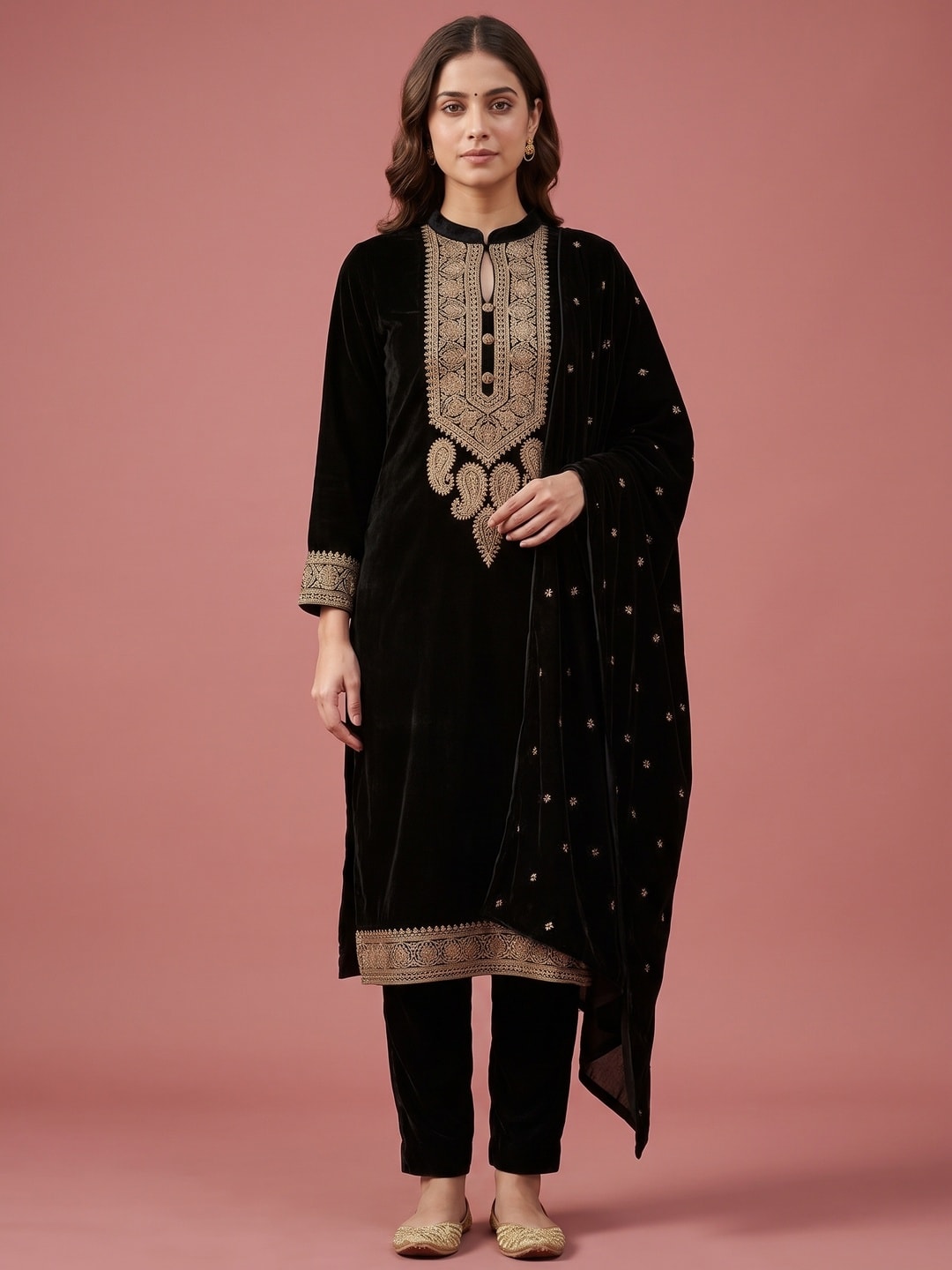 Peachmode Black Embroidered Velvet Salwar Suit with Dupatta - Image 1
