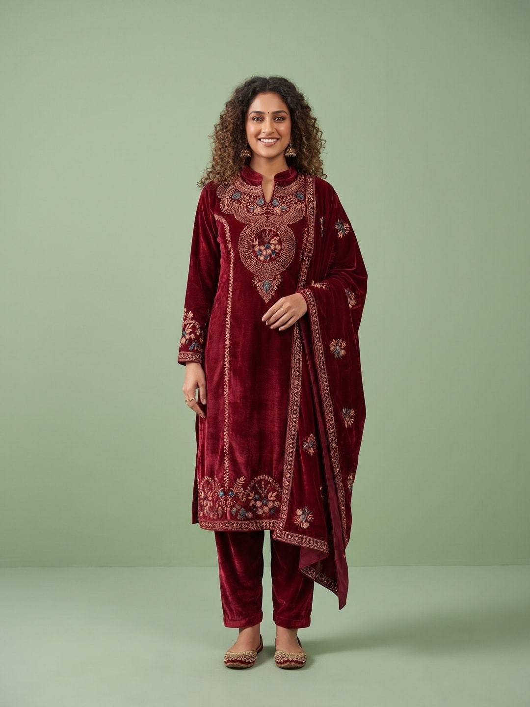 Peachmode Maroon Beaded Embroidered Velvet Salwar Suit with Dupatta - Image 1