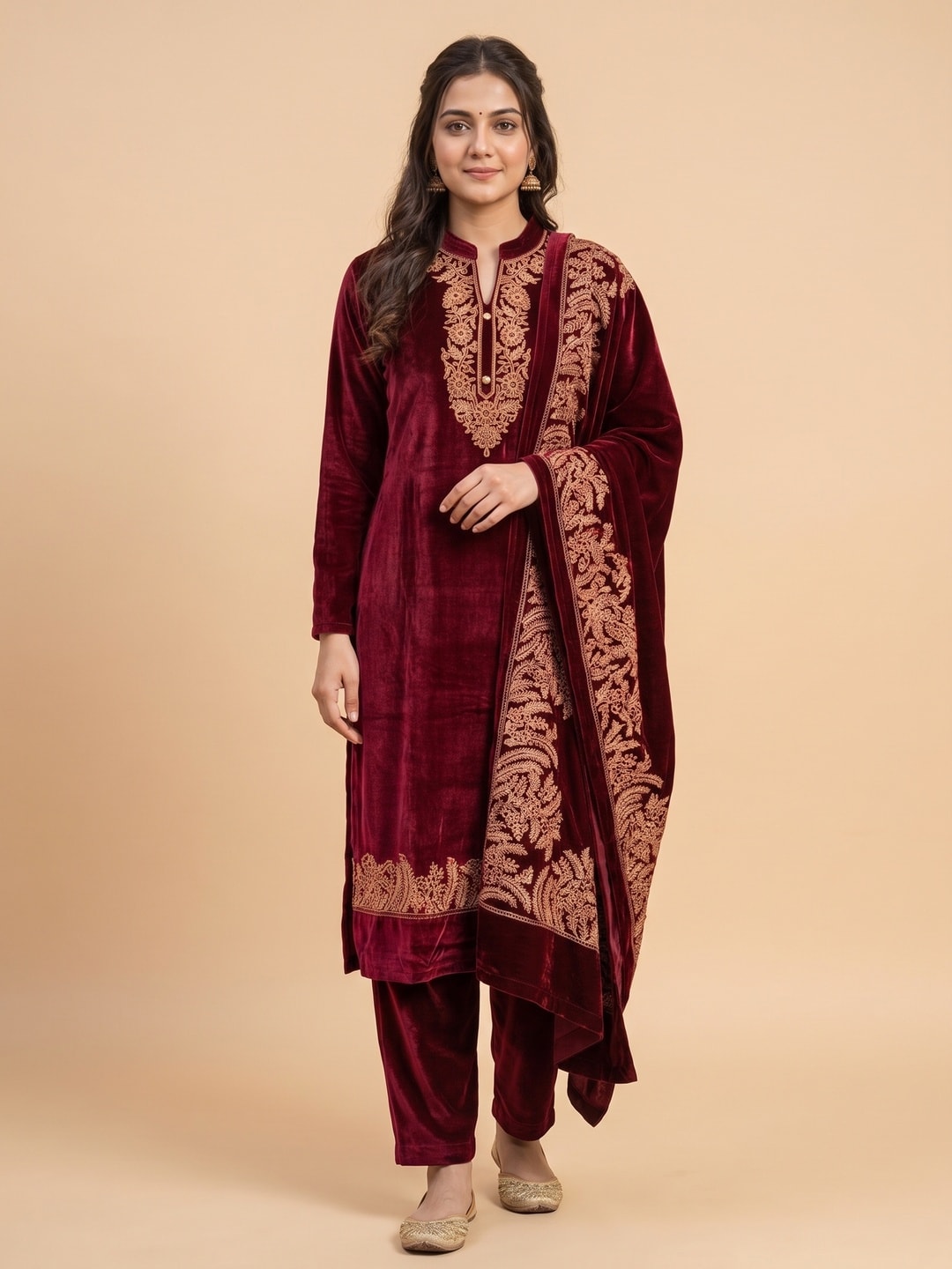 Peachmode Maroon Gold Embroidered Velvet Salwar Suit with Dupatta - Image 1
