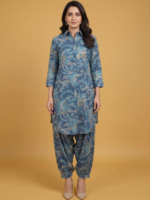Blue Viscose Suit Set Featuring Elegant Floral Prints and Classic Straight Cut Pattern - Image 1