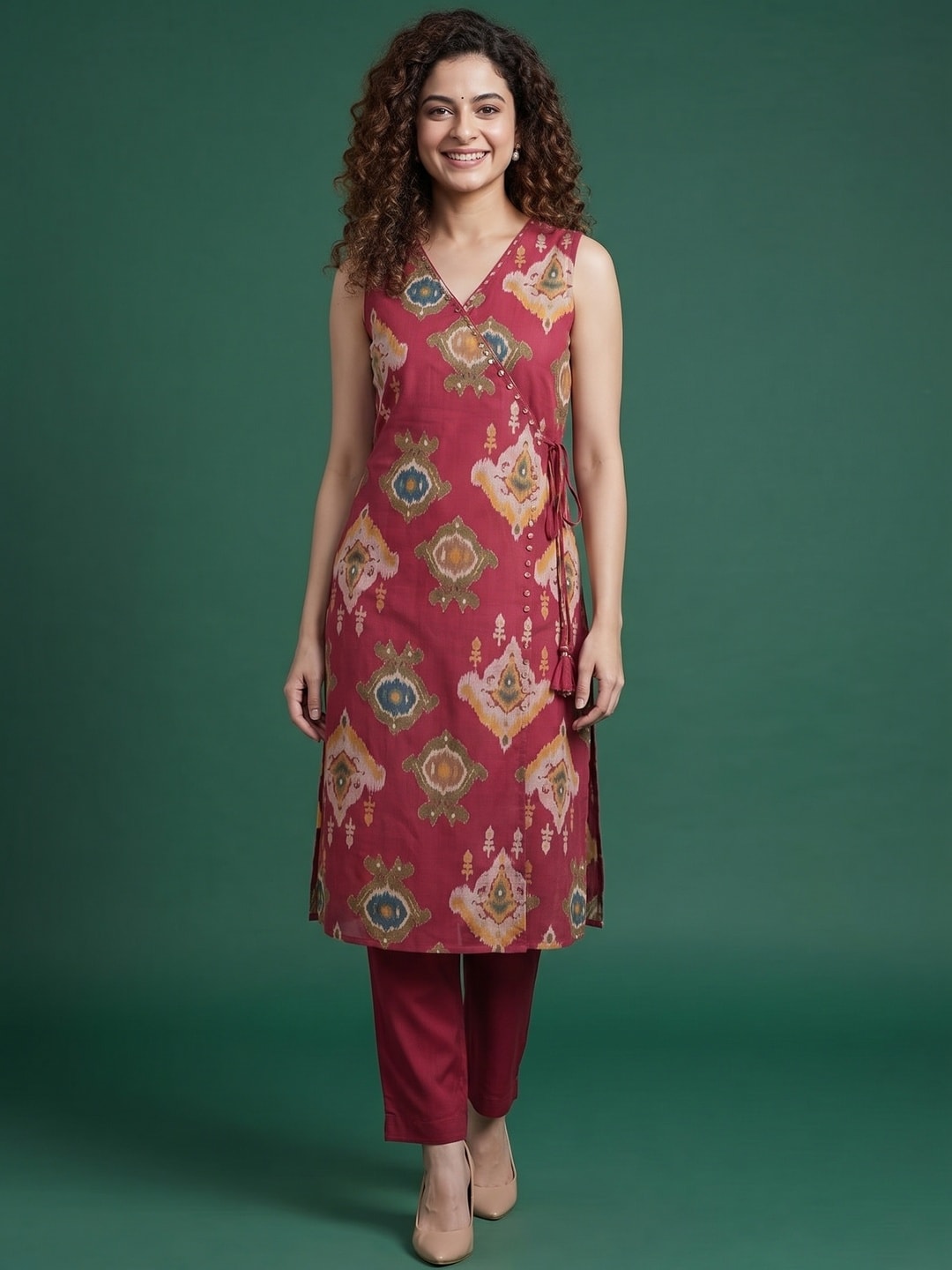 Pink Ikkat Printed Pure Cotton Two-Piece Angrakha Outfit for Women